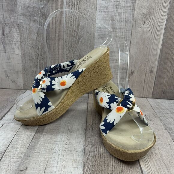 Island Slipper Hawaii Women's Wedge Sandals Floral Tropical Navy White Size 6 - Picture 2 of 12